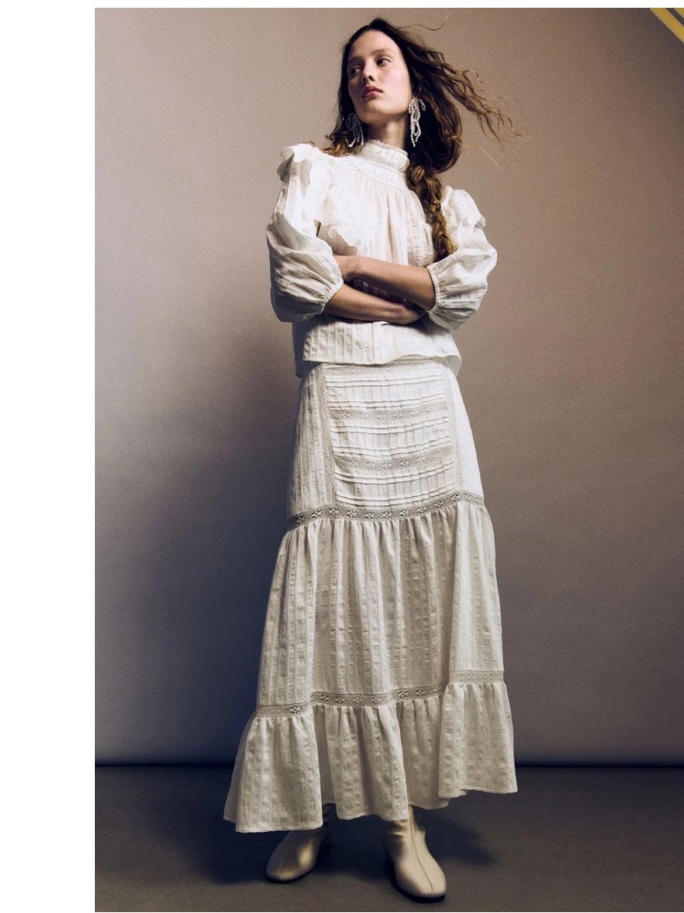 H&M white Wuthering heights  Tiered Maxi Skirt with Eyelet Detail NWT sold out